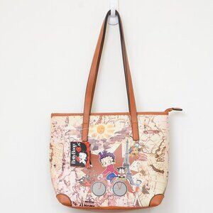 Betty Boop Travels the World Bicycle Shoulder Handbag Tote Purse Tan Vegan